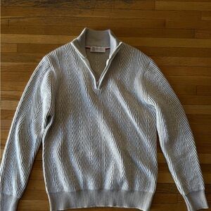 Brunello Cucinelli Men's Half-Zip Chevron Knit Sweater - Cream/Gray Medium